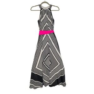 Gorgeous Geometric Print Halter Neck Maxi Dress with Hot Pink Sash